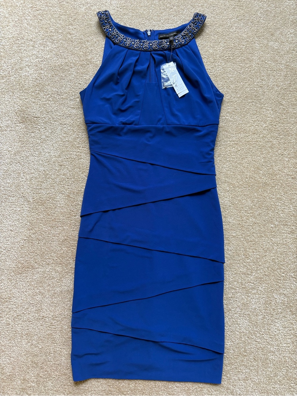 NWT WHBM Beaded Halter Sheath Dress in Royal Blue Stretchy Cocktail Dress Size 4